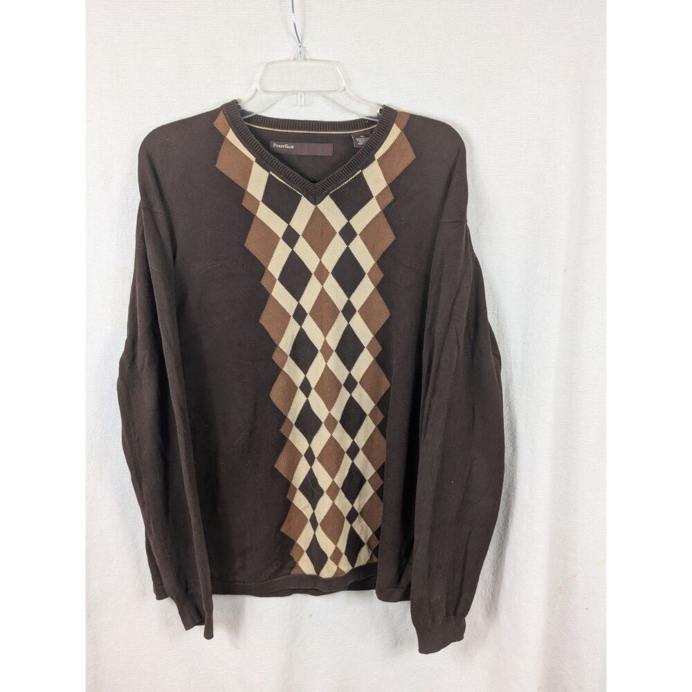 Y2K Perry Ellis V-Neck Argyle Sweater Brown Men's Size XL